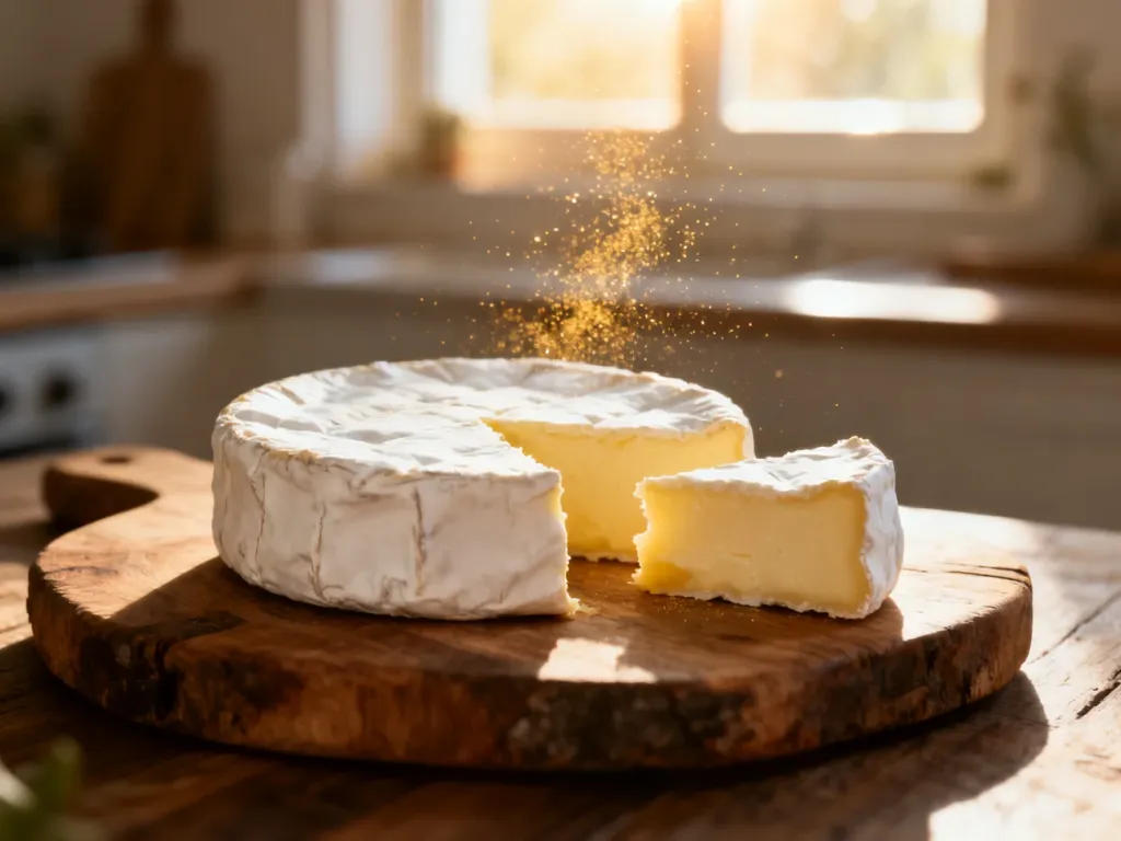Kawałek dojrzałego sera Camembert o kremowym wnętrzu, ułożony na rustykalnej drewnianej desce w słonecznej kuchni.