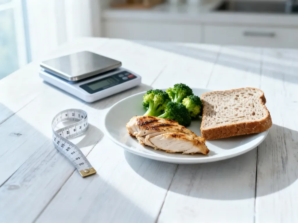 Zdrowy, zbilansowany posiłek z kurczakiem i warzywami obok wagi kuchennej oraz miarki, ilustrujący zasady diety 1200 kcal.