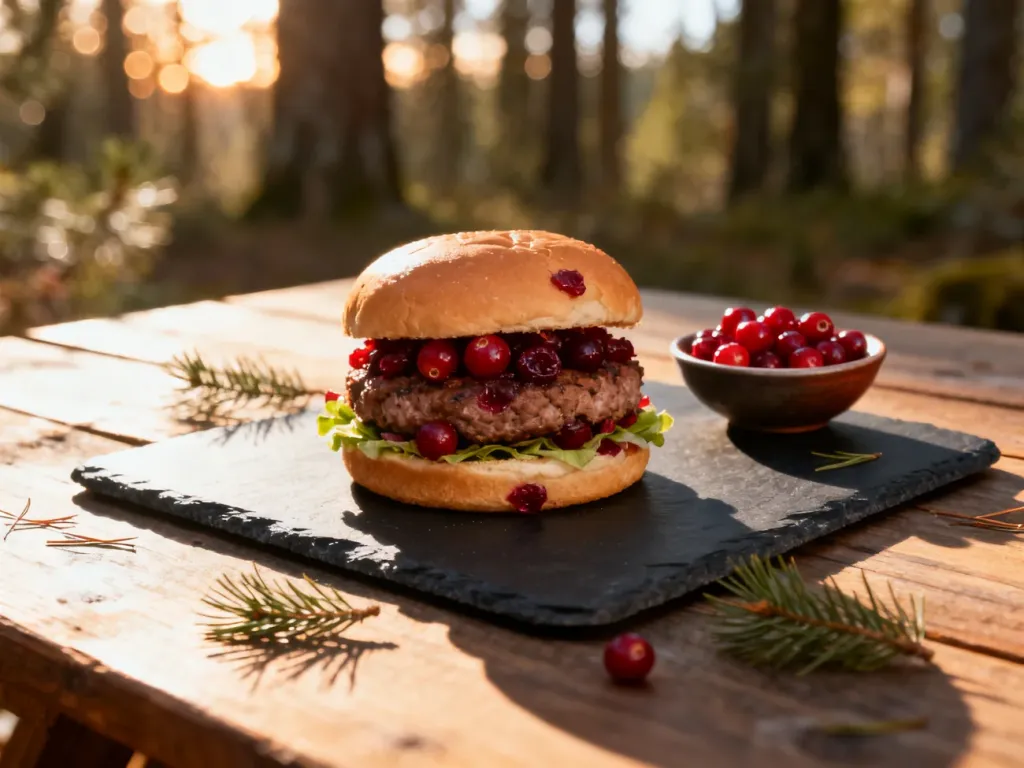 Apetyczny burger Drwal z żurawiną podany na kamiennym talerzu w otoczeniu świeżych owoców i leśnych akcentów.