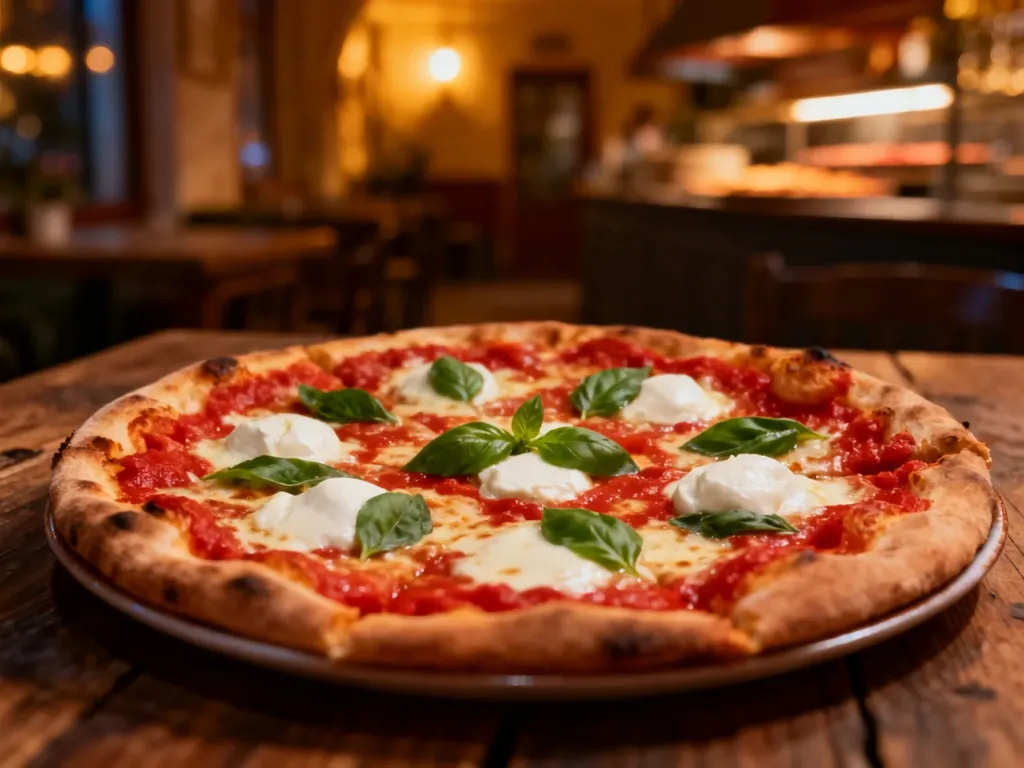 Świeżo upieczona pizza margherita z mozzarellą i bazylią na drewnianym stole w przytulnej włoskiej pizzerii.