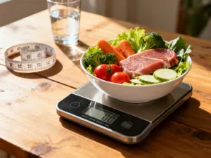 Zdrowy, zbilansowany posiłek z kurczakiem i warzywami obok wagi kuchennej oraz miarki, ilustrujący zasady diety 1200 kcal.