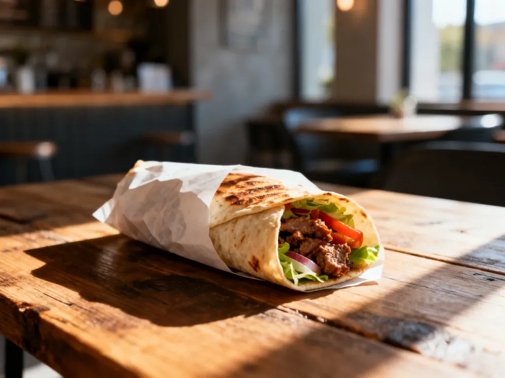 Apetyczny kebab rollo w papierze na drewnianym stole, ukazujący chrupiącą tortillę i świeże warzywa w środku.
