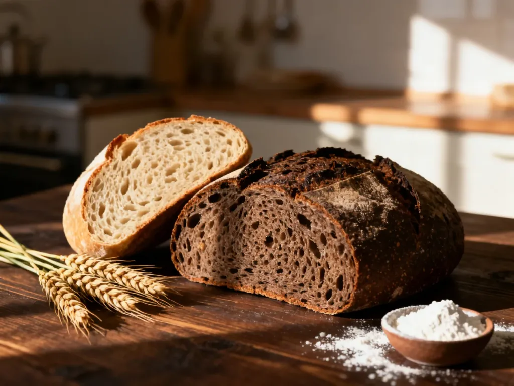 Dwa bochenki chleba żytniego i razowego na drewnianym stole, prezentujące różnice w strukturze pieczywa.