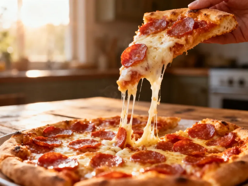 Apetyczny kawałek pizzy pepperoni z ciągnącą się mozzarellą i chrupiącym brzegiem na drewnianym stole.