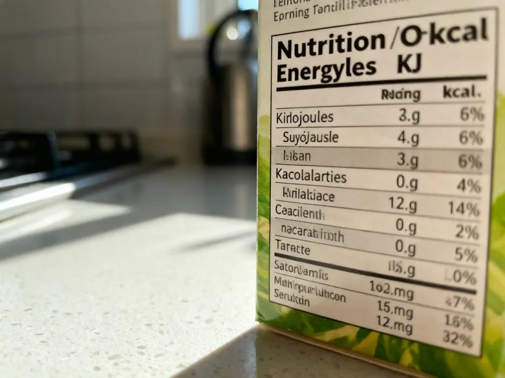 Etykieta żywieniowa z wyraźnie zaznaczonymi wartościami energii w kilodżulach (kJ) i kilokaloriach (kcal).