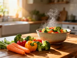 Zbilansowany posiłek z grillowanym kurczakiem, warzywami i pełnoziarnistymi produktami na białym talerzu.