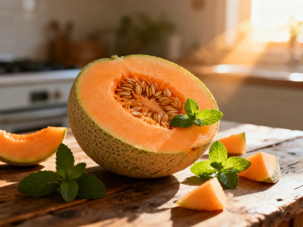 Pokrojony melon kantalupa z miętą na drewnianym stole, podkreślający świeżość i wartości odżywcze owocu.