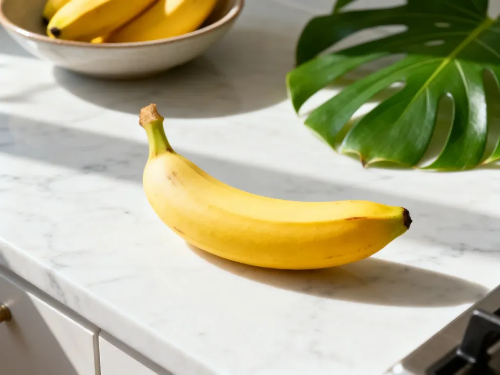 Dojrzały banan leżący na marmurowym blacie kuchennym w otoczeniu innych owoców, podkreślający świeżość i zdrowe odżywianie.