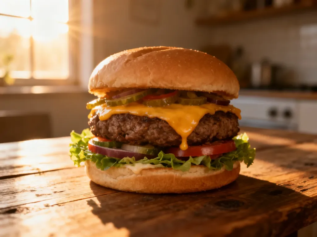 Apetyczny, wielki burger z serem i warzywami na rustykalnym stole, idealnie oddający ideę cheat meala.