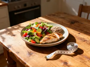 Parująca miska spaghetti bolognese z sosem mięsnym, posypana parmezanem i świeżą bazylią na rustykalnym stole.