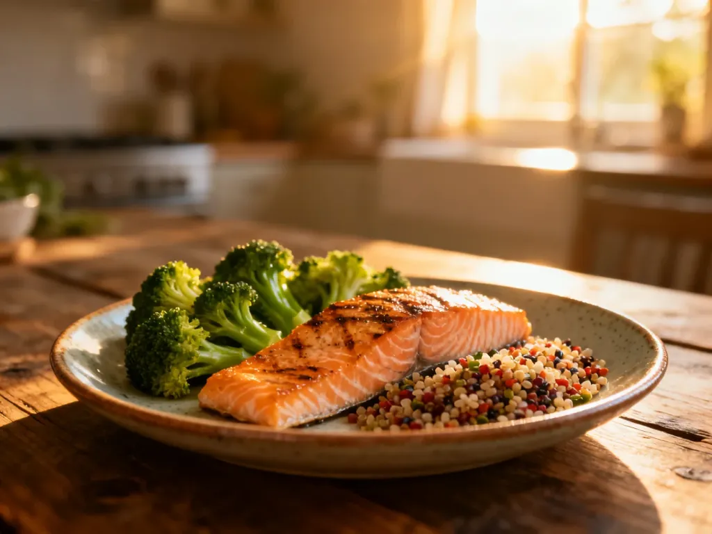 Zbilansowany posiłek z grillowanym łososiem, brokułami i komosą ryżową na drewnianym stole, ilustrujący zasady zdrowej diety.