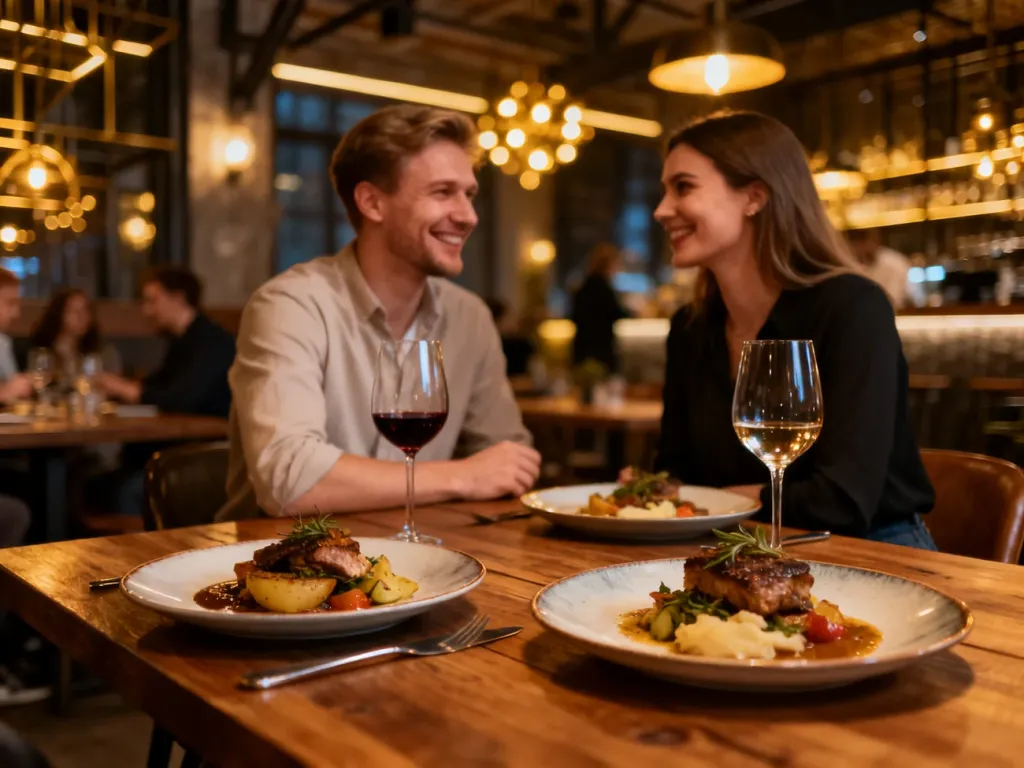 Przytulna restauracja w Łodzi z elegancko podanymi daniami kuchni fusion, para delektuje się kolacją, no text on the picture