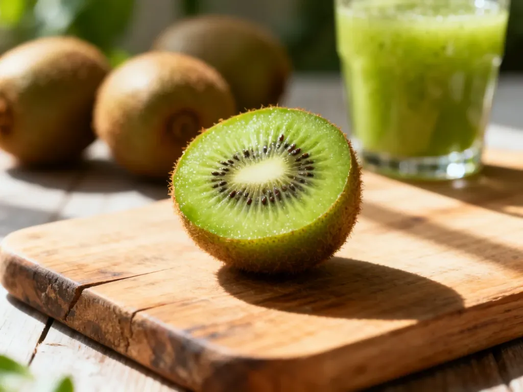 Przekrojone na pół świeże kiwi na drewnianej desce, ukazujące soczysty miąższ i drobne nasiona.